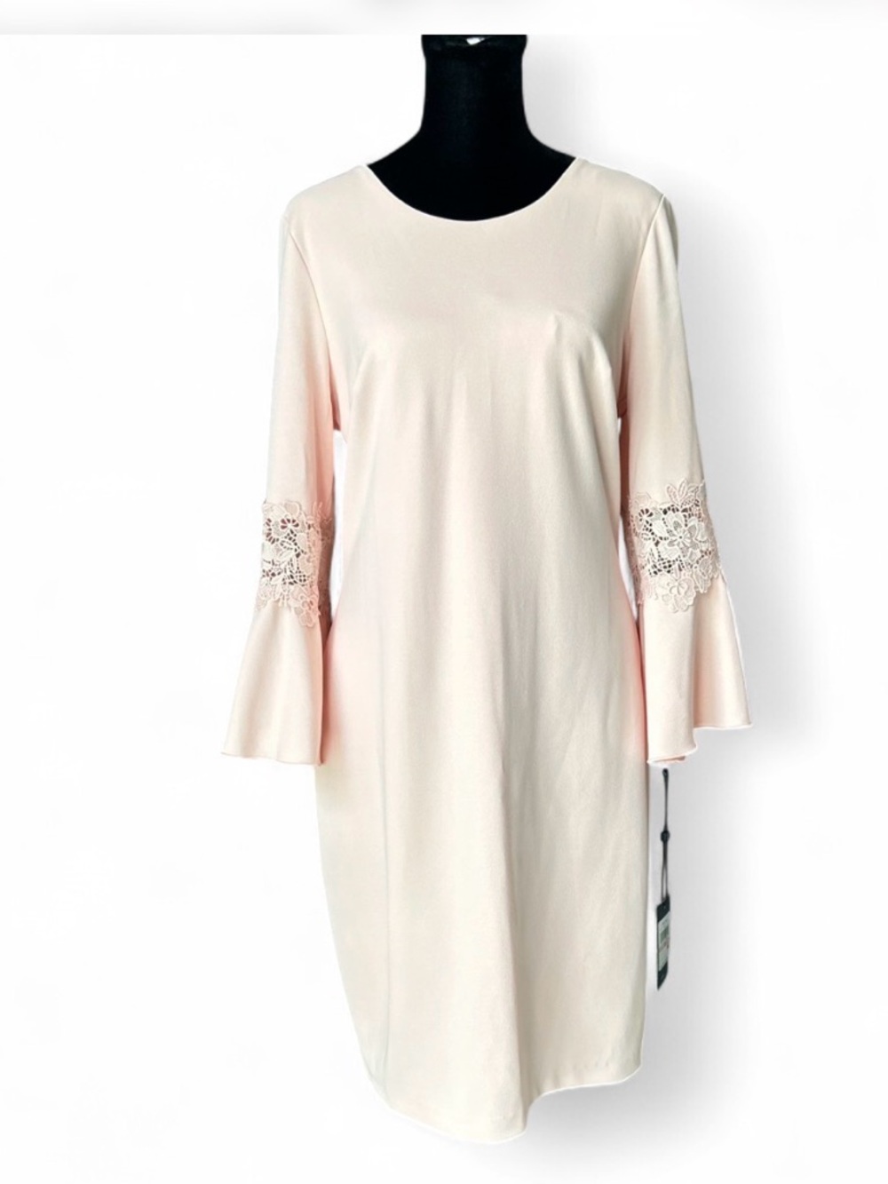 Tommy Hilfiger Ligh Salmón Bell-Sleeve Lace Trim Dress 10,Round Neck & Back Zipp